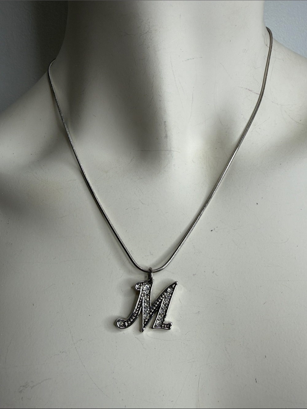 Vintage Avon Silver Tone Rhinestone Letter M Initial Pendant Necklace Signed